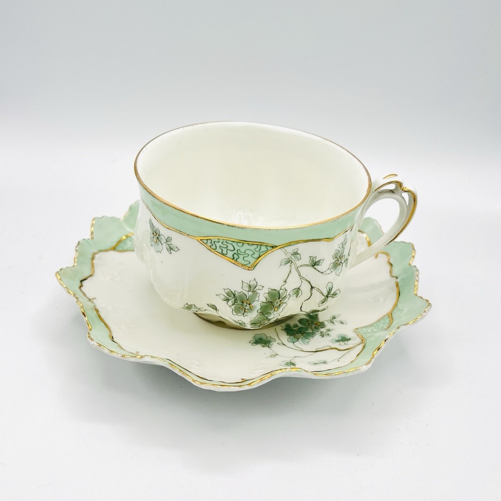 RARE Antique MZ Austria Late 1800s Teacup & Saucer Green Floral Ruffle Gold Wide